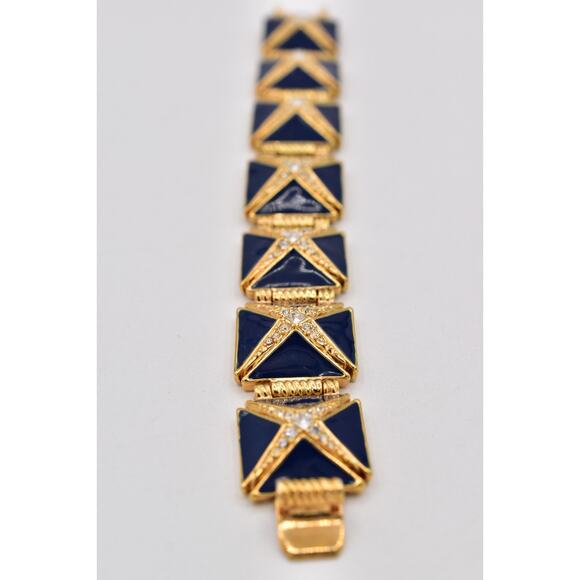 Hutton Wilkinson Vintage Bracelet Blue Enamel Bracelet Gold Crystal Signed BinO - Picture 10 of 12